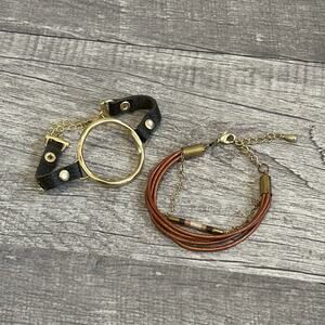 JBloom Bracelet Bundle Set Gold O-Ring Faux Leather & Multi Strand Brown Beaded